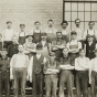 Black and white photograph of employees at the Northern Pacific Como Shops, St. Paul, 1913. Photograph by Axel E. Carlson.