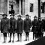 Black and white photograph of Home Guardsmen on duty outside the St. Paul Public Library during the Street Railway union rally in Rice Park, December 2, 1917. 