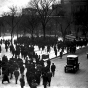 Black and white photograph of Street Railway union supporters gathering in Rice Park in St. Paul on December 2, 1917 for a meeting. 