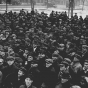 Black and white photograph of a crowd of striking workers assembled during the Street Railway Company strike in St. Paul, 1917.