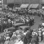 Black and white photograph of a street scene, Truck drivers’ strike, 1934.