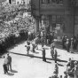 Black and white photograph of a street scene, Truck drivers’ strike, 1934.