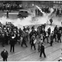 Black and white photograph of tear gas being used on demonstrators during the truck drivers’ strike, 1934.