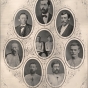 Collage of black and white photographs of Minnesota citizens and James-Younger Gang members, 1876.