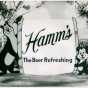 Still image of a Hamm's TV commercial showing the Hamm's bear and little bear, early 1950s.