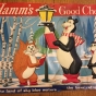 Photograph of “Hamm’s Good Cheer” holiday promotional sign featuring the Hamm’s bear, little bear, and squirrel, mid-to-late 1950s.