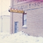 Color image of the Hawley Shipyard sign on the old warehouse that was used to build and store the Hjemkomst. From the Tom Asp Collection, Historical and Cultural Society of Clay County.