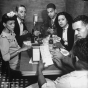 Black and white photograph of Hilda Simms with Earl Hollman and other actors from the Harlem Theater in New York City, c.1943.