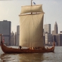 Color image of the Hjemkomst in New York Harbor. Photograph by Rose Asp, 1982. From the Rose Asp Collection, Historical and Cultural Society of Clay County.