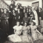 Black and white photograph of a wedding shower for a drum corps member, 1930s.