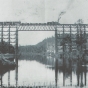 High bridge over the Kettle River near Sandstone before September 1, 1894, and before the trees in the area were cut down by a logging company, which left highly flammable debris (slash) to serve as fire fuel. Photograph Collection, Hinckley Fire Museum, Hinckley.