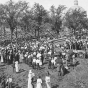 Black and white photograph of a crowd listening to Theodore Roosevelt at State Fair, 1912. 