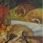 Color image of a detail view of Wilderness, Elsa Jemne’s mural for the Ely Post Office, 1940. 