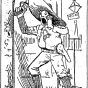 Black and white scan of "On the motor – the new conductor announcing the streets." Minneapolis Journal, April 20, 1889. 