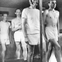 Black and white photograph of volunteers on treadmills, 1945.