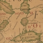 Detail view of a map made in 185 by Jean-Baptiste Louis Franquelin. Text surrounding Lake Mille Lacs (at center left, labelled here as Lac de Buade) identifies the area as inhabited by the "Issatis," or Santee Dakota. The map provides some of the earliest extant textual evidence of a Dakota community at Lake Mille Lacs.