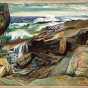 Painting of rocks along the shore of Lake Superior, with the lake visible in the background.