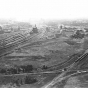 Black and white aerial view showing Great Northern Railway yards in southeast Minneapolis , ca. 1921. Photograph by Paul W. Hamilton.