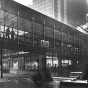 Black and white photograph of skyway spanning Nicolett Mall, Minneapolis, c.1974.