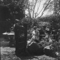 Black and white photograph of John S. Bradstreet and Sam Trubshaw (one of his designers) in the Crafthouse Japanese garden, ca. 1910. 