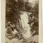 Black and white photograph of Minnehaha Falls, Dakota Indians in the foreground, 1857.