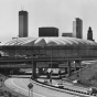 Black and white photograph of the Hubert H. Humphrey Metrodome, 501 Chicago Avenue, Minneapolis, 1982.