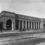 Black and white photograph of the front of the Great Northern Railway Depot, Minneapolis, 1914.   