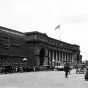 Black and white photograph of the Great Northern Depot (right) and Chicago Great Western Freight Station (left), Minneapolis, c.1918.
