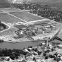 Black and white aerial photograph of the Hormel Packing Company and surrounding area in Austin, Minnesota, 1972. 