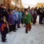 Color image of Delia Levine-Horrigan getting ready to bowl in Turkey Bowling at Ice Box Days, International Falls, 1999.