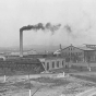 Black and white photograph of the Duluth & Iron Range Railroad shops, Two Harbors, 1915.