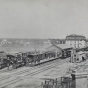 Black and white photograph of the arrival of the Milwaukee train, Austin, Minnesota, 1874.