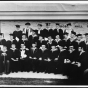 Black and white photograph of 26 Nobel Laureates take part in the dedication of the Alfred Nobel hall of Science at Gustavus Adolphus College, St. Peter, 1963. 