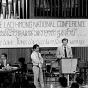 Black and white photograph of a Hmong conference at Concordia College. Photographed by Alan Ominsky in 1981.