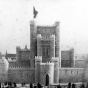 Black and white cabinet photograph of the Winter Carnival ice palace in St. Paul's Central Park. Taken in 1886 by Allen Swain.