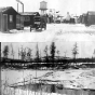 Black and white photographs of Main Street at Milford location and lake which flooded mine, 1924.