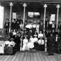 Black and white photograph of a Finnish Lutheran congregation in front of Finnish Temperance Hall, Mt. Iron, 1896.