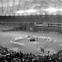 Black and white photograph of a panorama of the field from the stands during the 1985 MLB All-Star Game at the Metrodome on July 16, 1985.