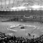 Black and white photograph of a panorama of the field from the stands during the 1985 MLB All-Star Game at the Metrodome on July 16, 1985.