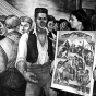 Black and white photograph of Lucia Wiley at work on a mural for the Moorhead High School, 1941.