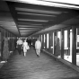 Black and white photograph of skyway leading to the Northstar Center, Minneapolis, 1969.