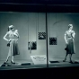 Black and white photograph of a window display of dresses, Donaldson’s, 1950. Photograph by Norton & Peel.