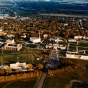 Color aerial view of Gustavus looking east, 1984–1990.