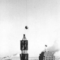 Helicopter removing the Weatherball from the roof of the Northwestern National Bank