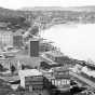 Black and white photograph of Red Wing riverfront including remnants of Red Wing Mills, c.1885. 