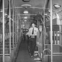 Black and white photograph of the interior of a President's Conference Committee (PCC) streetcar, September 5, 1953. Photographed by John Runk, Jr.