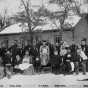 Black and white photograph of Crescent Grange Hall and members, Linwood Township, Anoka County, 1880.
