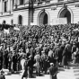 Black and white photograph of farmers storming the Minnesota State Capitol to demand relief, 1933. 