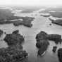 Black and white aerial photo of the Boundary Waters Canoe Area, ca. 1980. 