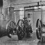 Black and white photograph of Fog signal equipment at Split Rock Lighthouse.